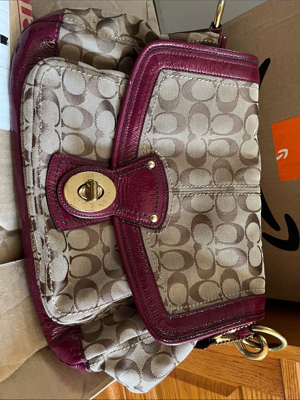 Coach Tan Signature Shoulder Bag with Berry Trim
